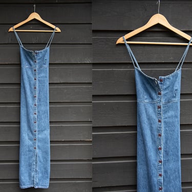 90s Esprit De Corp. Denim Maxi Dress / Blue Jean Button Front Dress / 1990s Cotton Chambray Dress / Summer Blue Jean Dress 