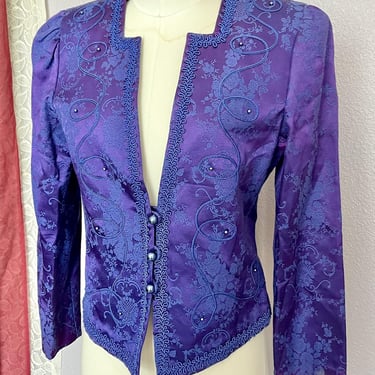 Brocade Beaded Blazer, Soutache, Bolero, Tapered Fit, Low Neckline, Plum Purple, Vintage 