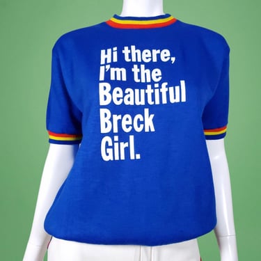 1970s Breck ringer sweatshirt vintage promotional shampoo short sleeves striped ribbing iconic collectible Beautiful Breck Girl Ad (M) 