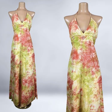 VINTAGE 90s Tie Dye Rayon Halter Maxi Dress by Funky People Sz M | 1990s Embroidered BOHO Dress | VFG 