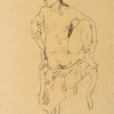 American Charcoal on Paper of Seated Nude Woman