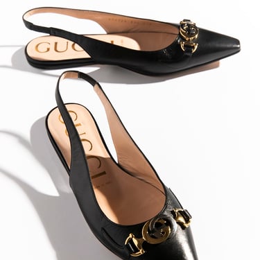 GUCCI Black Leather GG Pointed Toe Slingback Flats (Sz. 37.5)