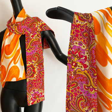 Lot of 2 Ultra Groovy Scarves! | Vintage 60s 70s MOD Orange Swirl + Purple Paisley Long Oblong Tie or Sash Scarf | Sexy Hippie Boho Fashion 