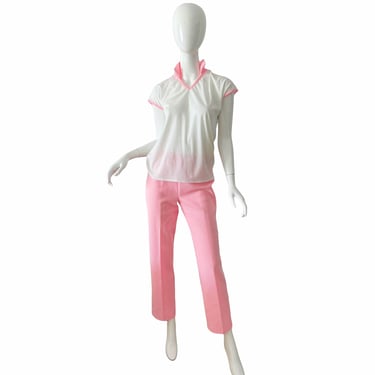 70s Shirley Of Atlanta Pant Set / Mod Candy Stripe Pink Pant Set / Vintage 1970s Pantsuit Small 