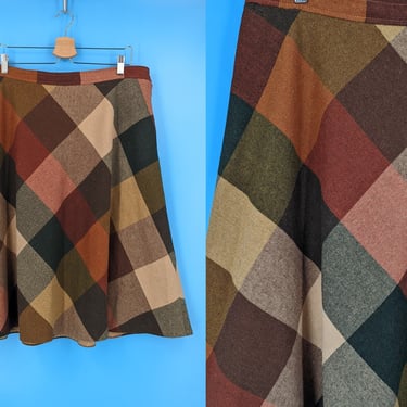 Vintage 70s Plaid A-line Skirt - Seventies XL Acrylic Wool Blend Colorful Autumn Plaid Skirt 