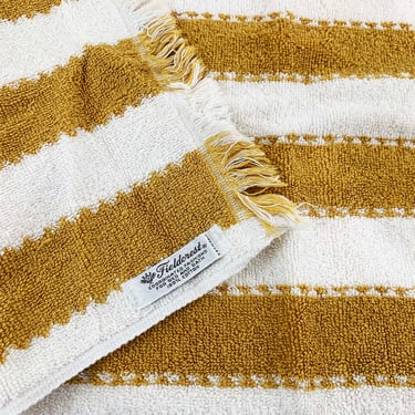 Vintage Fieldcrest Hand Towel Mustard Yellow White Striped Geometric Stripe Bathroom Mid-Century Terrycloth 1970s 70s 