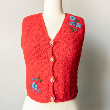 1970s Knit Top Wool Floral Vest XS 