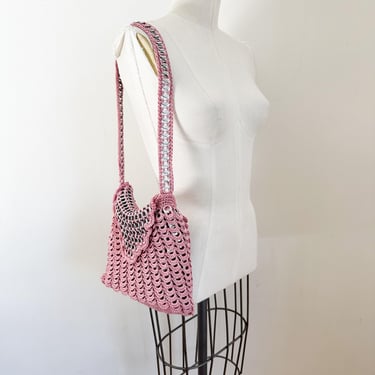 Vintage 1970s Soda Can Tab Pink Crochet Shoulder Bag 