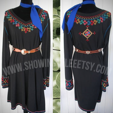Women's Double D Ranch Vintage Retro Western Dress, Rodeo Queen, Black with Variegated Embroidery, Approx. XLarge  (see meas. below) 