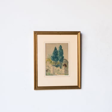 Watercolor with Trees & Stone Steps | Dated 1930