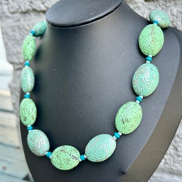 Vintage Teal Clay Beaded Necklace Engraved Design Aqua Vintage Retro 