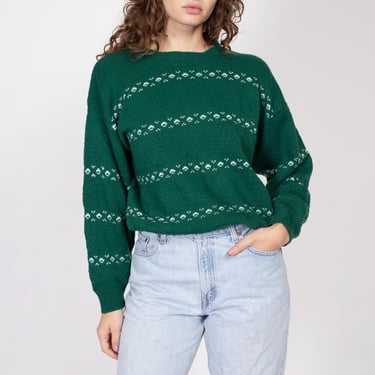 Large 80s Shamrock Green Striped Knit Sweater | Vintage Long Sleeved Pullover Jumper 