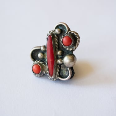 Antique Native American Sterling + Coral Inlay Ring