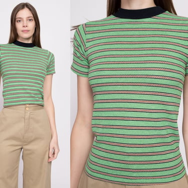70s Green Striped Knit Ringer Top - XXS | Vintage Crew Neck Retro Fitted T Shirt 