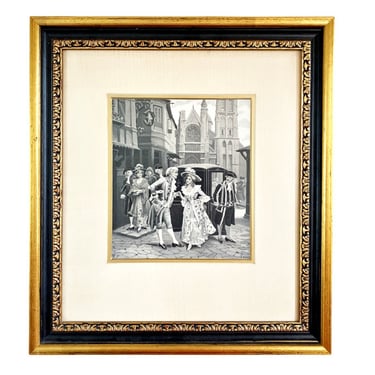 Antique French silk tapestry art by Neyret Freres. Framed Jacquard weaving Victorian Parisian street scene woven in black and white. 