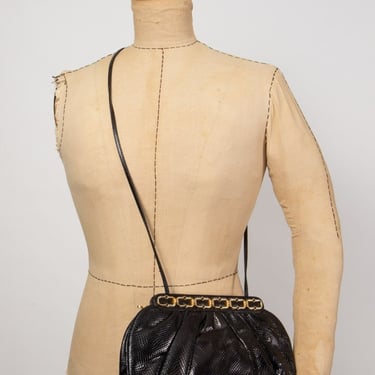 Vintage Judith Lieber black reptile leather clutch crossbody purse / Gold hardware / Mirror comb included 