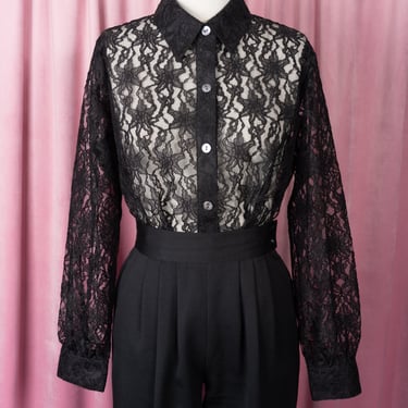 Amazing 80s Victor Costa Black Lace Button Down Shirt with Balloon Sleeves 