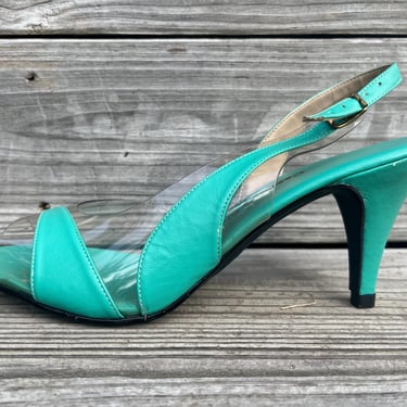 vintage turquoise illusion heels 1970s strappy high heel sandals 8.5 