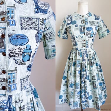 Vintage 1950s - 60s Old New England Novelty Print Shirtwaist Dress / XS 