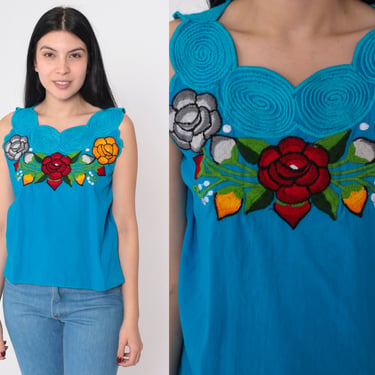 Blue Mexican Blouse 90s Floral Embroidered Tank Top Peasant Hippie Sleeveless Tent Shirt Scalloped Neckline Summer Boho Vintage 1980s Small 