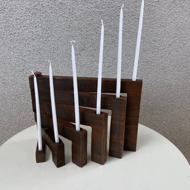 Vintage candelabra handmade brown wood modern foldable 6 candleholders stand with tapper 7” candles 