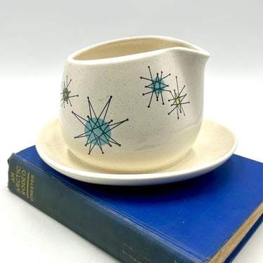 Franciscan Starburst Gravy Boat with Attached Plate, Gravy Bowl, Mid Century Atomic, Yellow, Green, Blue Star, Stars, Vintage MCM Dinnerware 