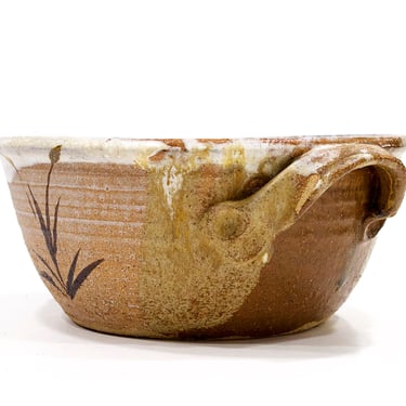 VINTAGE: Large Signed Studio Stoneware Pottery Bowl with Handles - Handcrafted Pottery - SKU 25-D-00030738 