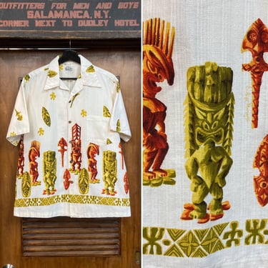 Vintage 1960’s Atomic Tiki Cotton Barkcloth Pop Art Border Hawaiian Shirt, 60’s Vintage Clothing 