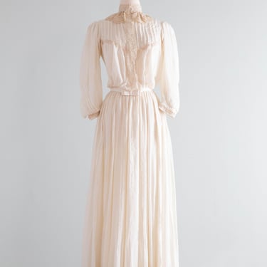 Exquisite Edwardian Cotton Wedding Gown With Lace Collar Flowing Skirt / Small