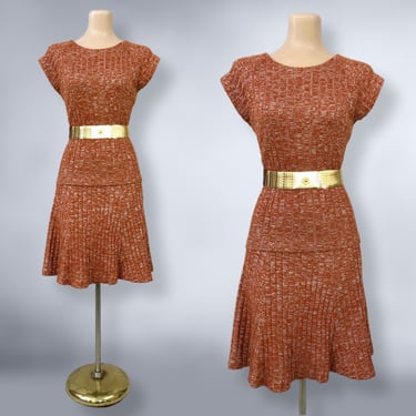 VINTAGE 70s Orange and Silver Metallic Lurex Knit Skirt and Sweater Dress Set | 1970s 2 Piece Knitwear Dress Set | VFG 
