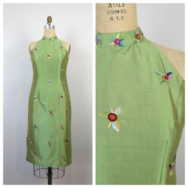 Vintage 1990s Y2k silk embroidered dress cocktail dressy evening floral green racer back 