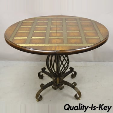 Vtg Spanish Rustic Twisted Iron Pedestal Metal Inlay Round Dining Table 2 Leaves