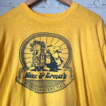Vintage 1970s Max and Ermas Restaurant T-shirt, Yellow, Cotton, Columbus Ohio 