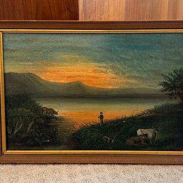 19th Century Luminous Sunset Over Mountain Lake Naive Oil Painting on Board 