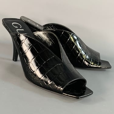 GUCCI Size 9.5 Black Croc Embossed Leather Mules Pumps