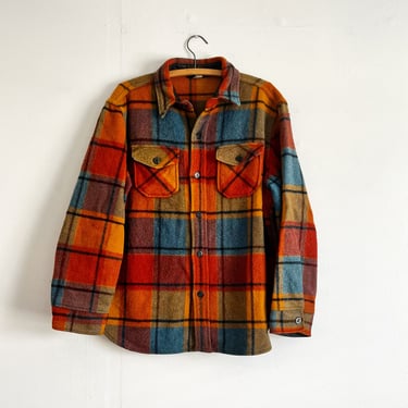 Vintage 60s ColorBlock Heavy Flannel Shirt Sears Student Anchor Buttons Size M to L 