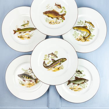 Vintage Bavarian Porcelain Fish Dinner Plates - Set of 6