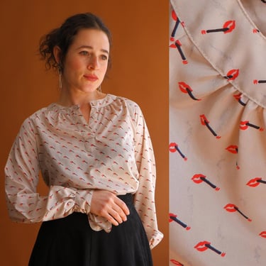 Vintage 70s Smoking Lips Novelty Print Blouse/1970s Cigarette Print/ Size Medium 