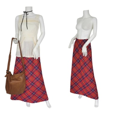 1970's Red Plaid Poly Knit long Maxi Skirt I Sz Med I Koret 