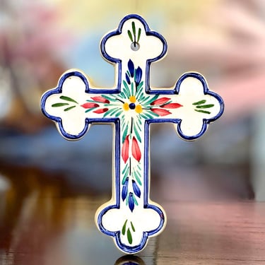 VINTAGE: Italian Pottery Cross Ornament - HB Quimper France - Collectable Pottery Art - Made in Italy - SKU 15-A2-00040223 