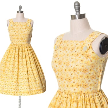 Vintage 1950s Sundress | 50s Yellow Floral Printed Cotton Fit and Flare Full Skirt Summer Day Dress (large) 