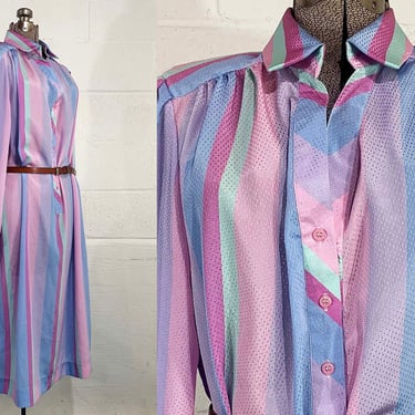 Vintage Pastel Rainbow Striped Dress Stripe Long Sleeve Pink Dopamine Dressing Schrader Sport Kawaii Cute Curvy Volup 2XL XXL XL 1990s 1980s 
