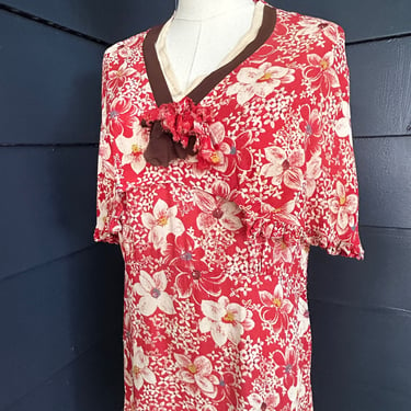 1930s Saffron Floral Rayon Crepe Summer Dress 40 Bust Vintage 