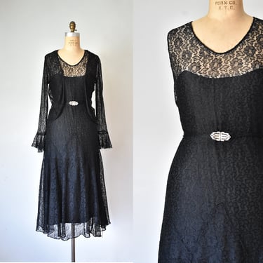 Zora plus size lace dress & jacket and gloves, art deco 1930s dress, black dress, vintage clothing, plus size 1920s dress 