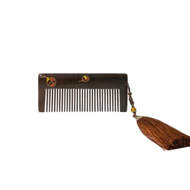 Chinese Dark Brown Handmade Wood Simple Comb w Tassel ws2523E 
