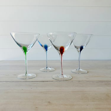 Vintage Colorful Murano Style Art Glass Hand Crafted Martini Barware Set of 4 