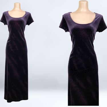 VINTAGE 90s Purple Velvet Glitter Sparkle Maxi Dress 11/12 | 1990s Sexy Formal Stretch Prom Gown | 90's Party Dress | vfg 