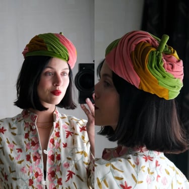 Vintage 50s A. BAMBI Italian Velvet Tri Color Ruched Turban Tilt Hat | Made in Italy | 100% Cotton | 1940s 1950s Designer Turban Beret Hat 