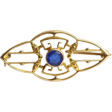 1930's Vintage Art Deco 10 Karat Yellow Gold and Blue Stone Brooch Pin 