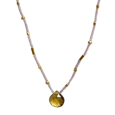 Debbie Fisher | Clear pink seed, gold vermeil and whisky quartz drop w gold fill clasp necklace